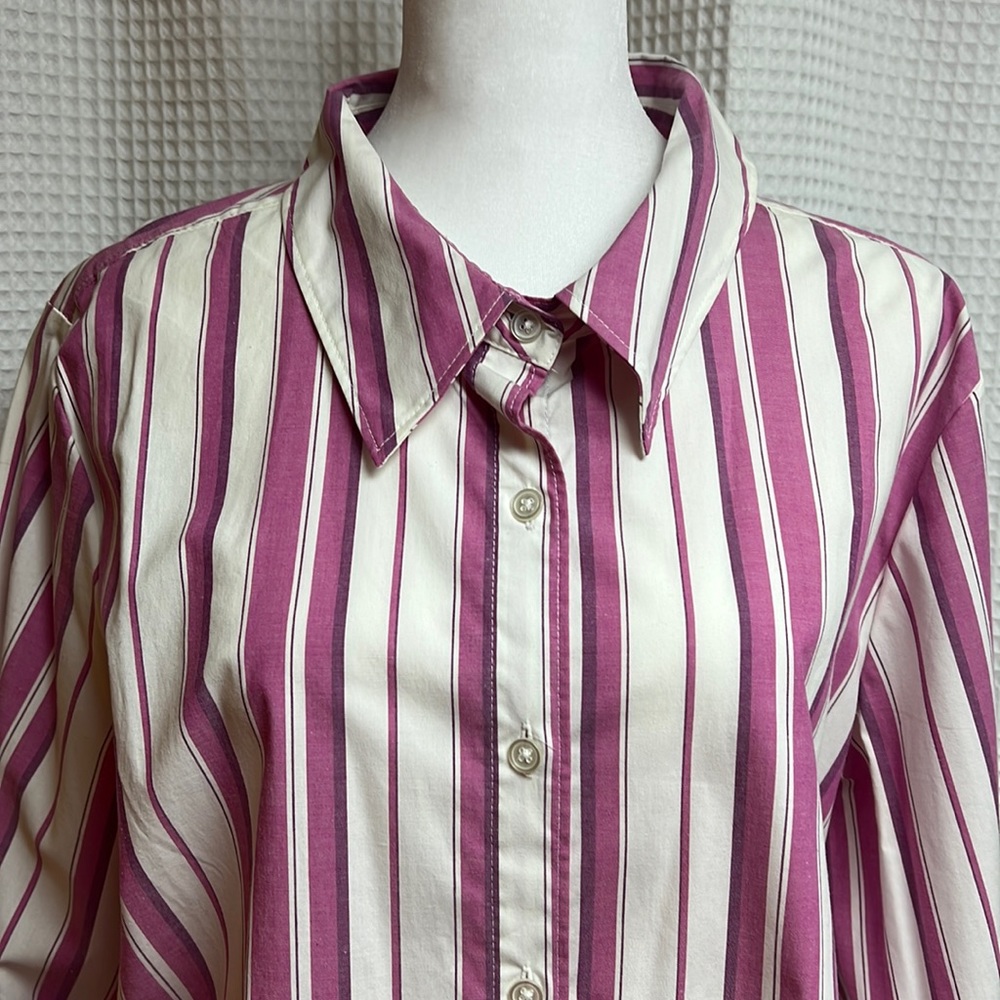 Denim&Co Long Sleeve Button front Vertical striped shirt~Pink/Purple- 1X